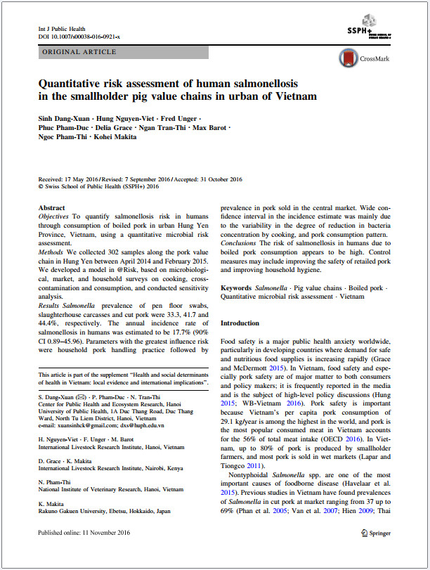 Quantitative risk assessment of human salmonellosis in the smallholder pig value chains in urban of Vietnam